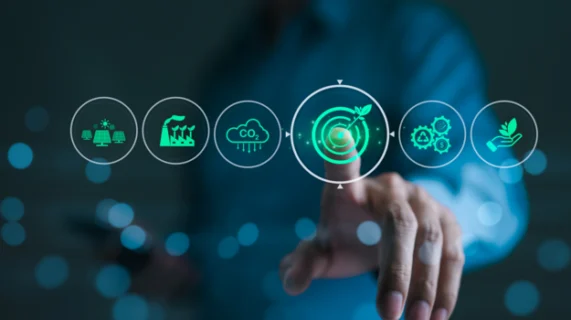 Interface digitale illustrant une stratégie IT durable avec réduction des émissions de CO2 et optimisation des infrastructures